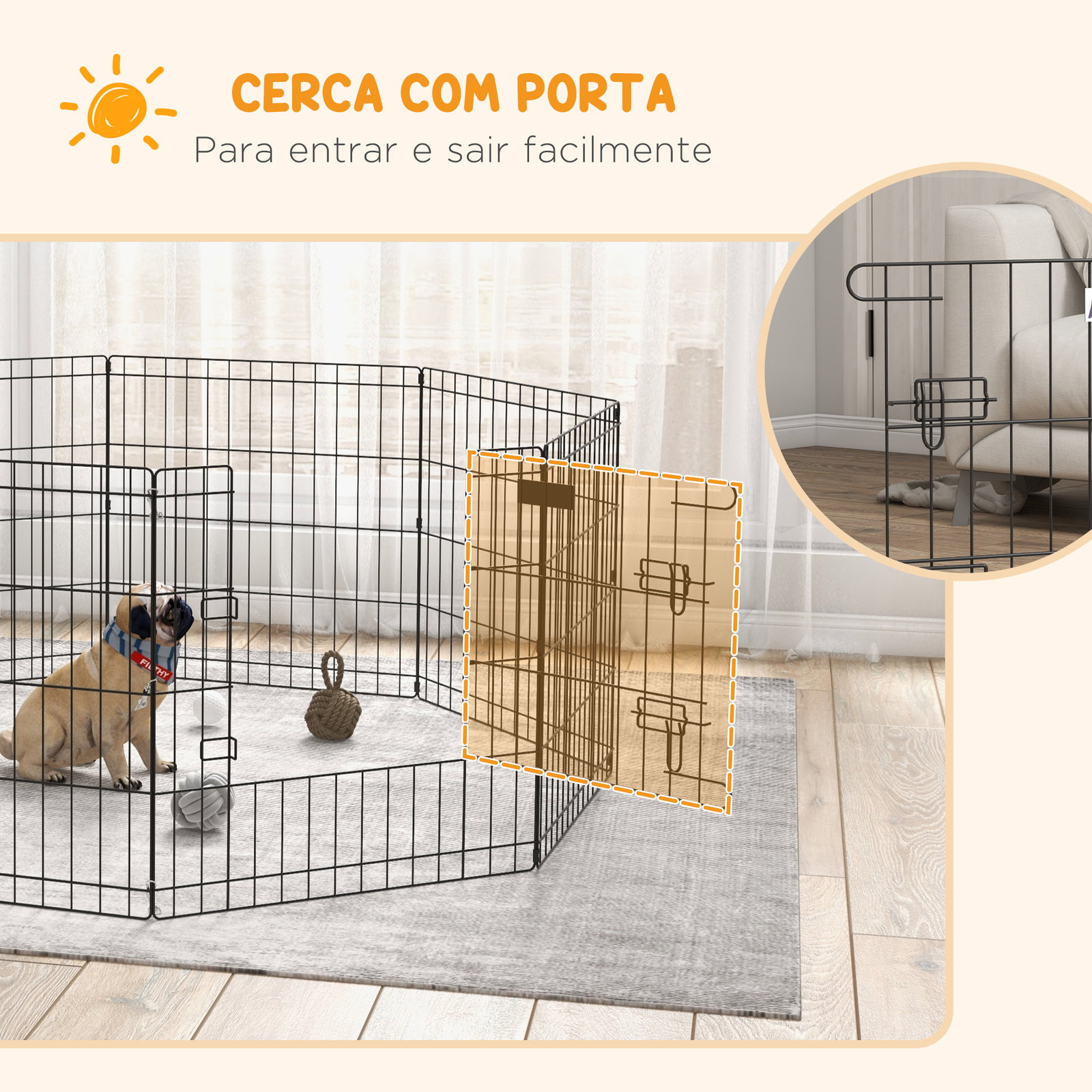 Parque para cães 8 painéis 61x61cm dobráveis gaiola metálica para animais de estimação com porta e dupla fechadura preto
