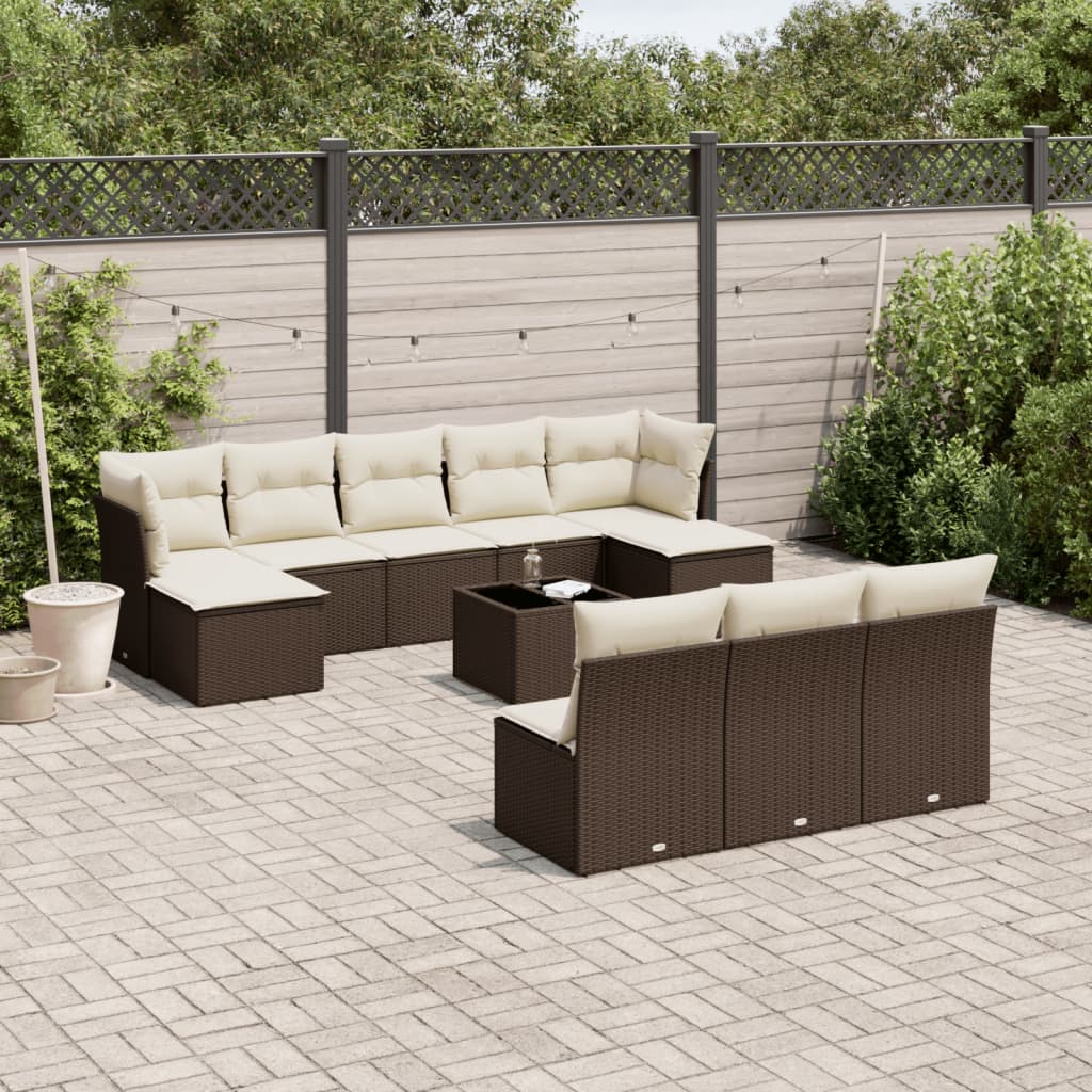 11 Pcs conjunto sofás de jardim c/ almofadões vime PE castanho