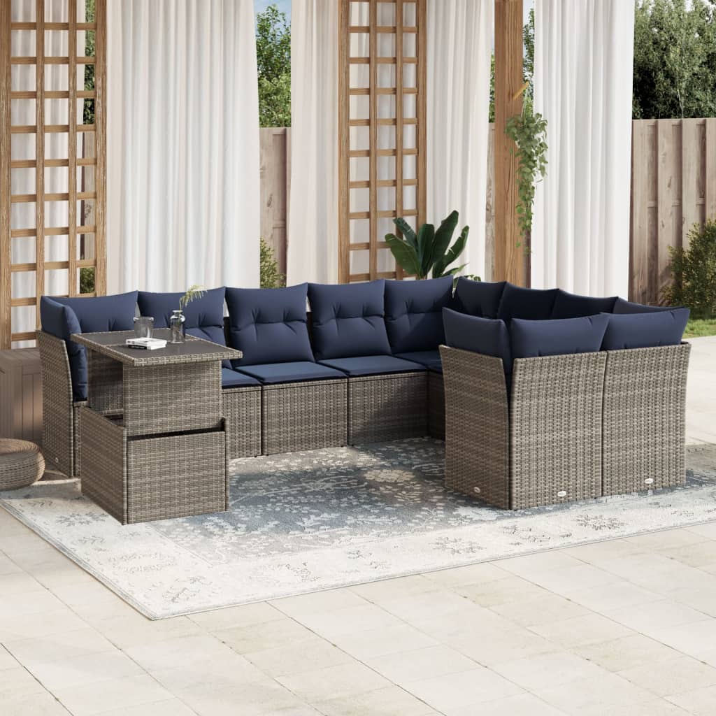 Conjunto de sofá de jardim com 10 peças e almofadas em rattan sintético cinza