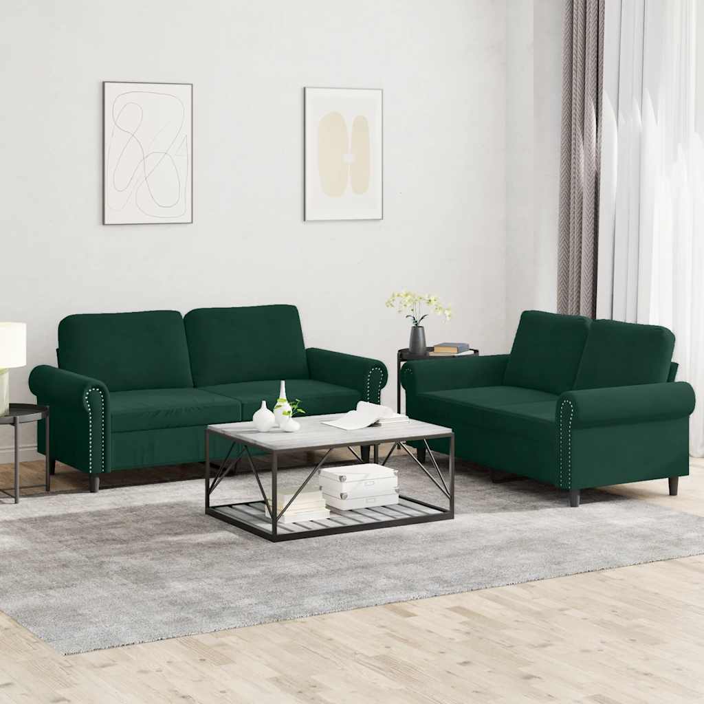2 Pcs conjunto de sofás com almofadões veludo verde-escuro