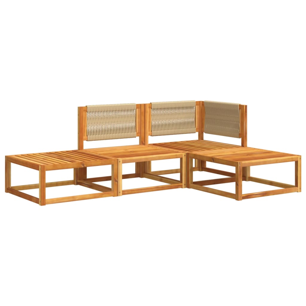 Conjunto de sofás de jardim de 4 peças com almofadas de madeira de acácia e corda