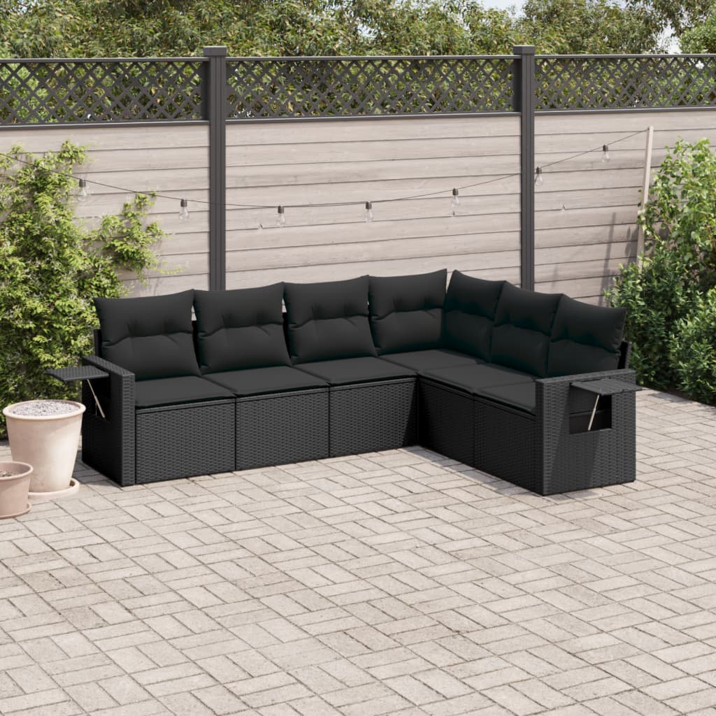 6 Pcs conjunto sofás de jardim c/ almofadões vime PE preto