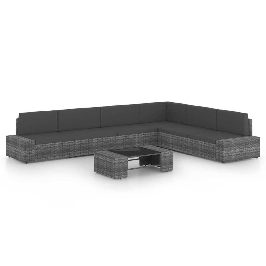 7 Pcs conjunto lounge de jardim c/ almofadões vime PE cinzento