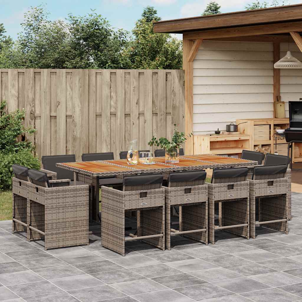 13 Pcs conjunto jantar p/ jardim c/ almofadões vime PE cinzento