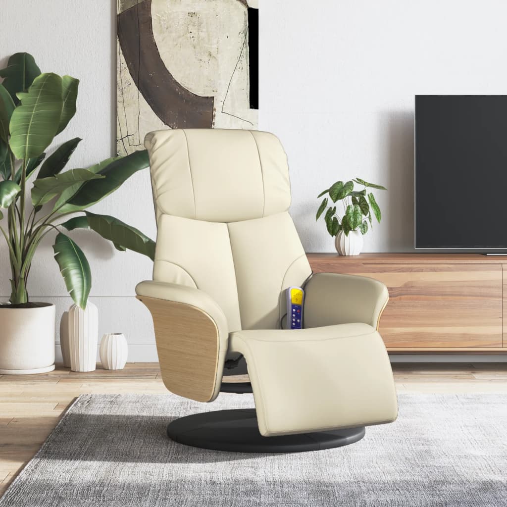 Cadeira massagens reclinável c/apoio pés couro artificial creme