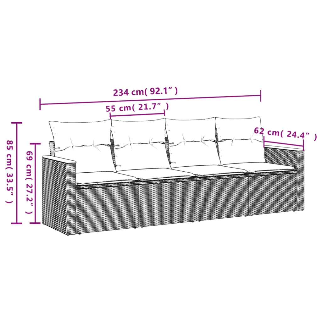 4 Pcs conjunto de sofás para jardim c/ almofadões vime PE preto