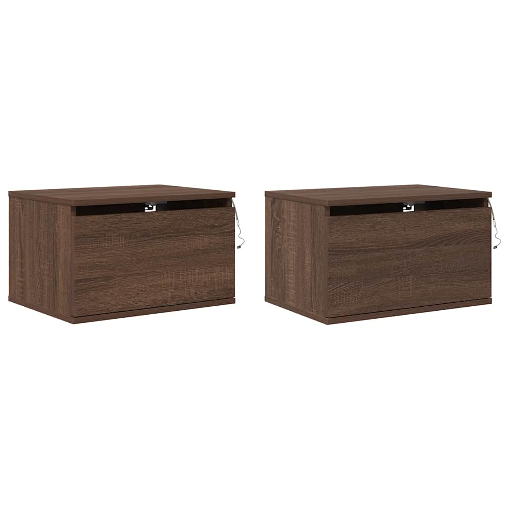 Mesas cabeceira de parede c/ luzes LED 2 pcs carvalho castanho