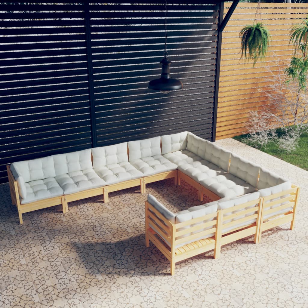 10 Pcs conjunto lounge de jardim c/ almofadões cor creme pinho