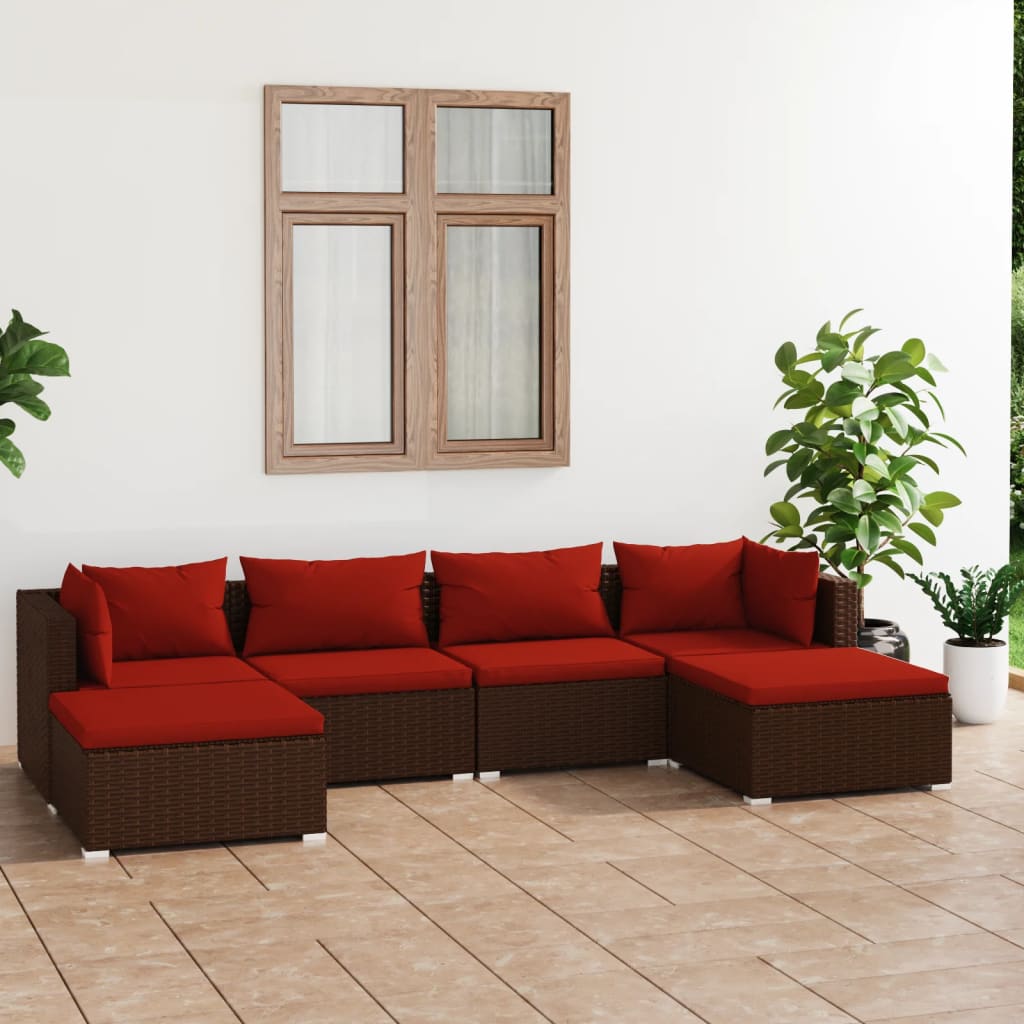 6 Pcs conjunto lounge jardim c/ almofadões vime PE castanho