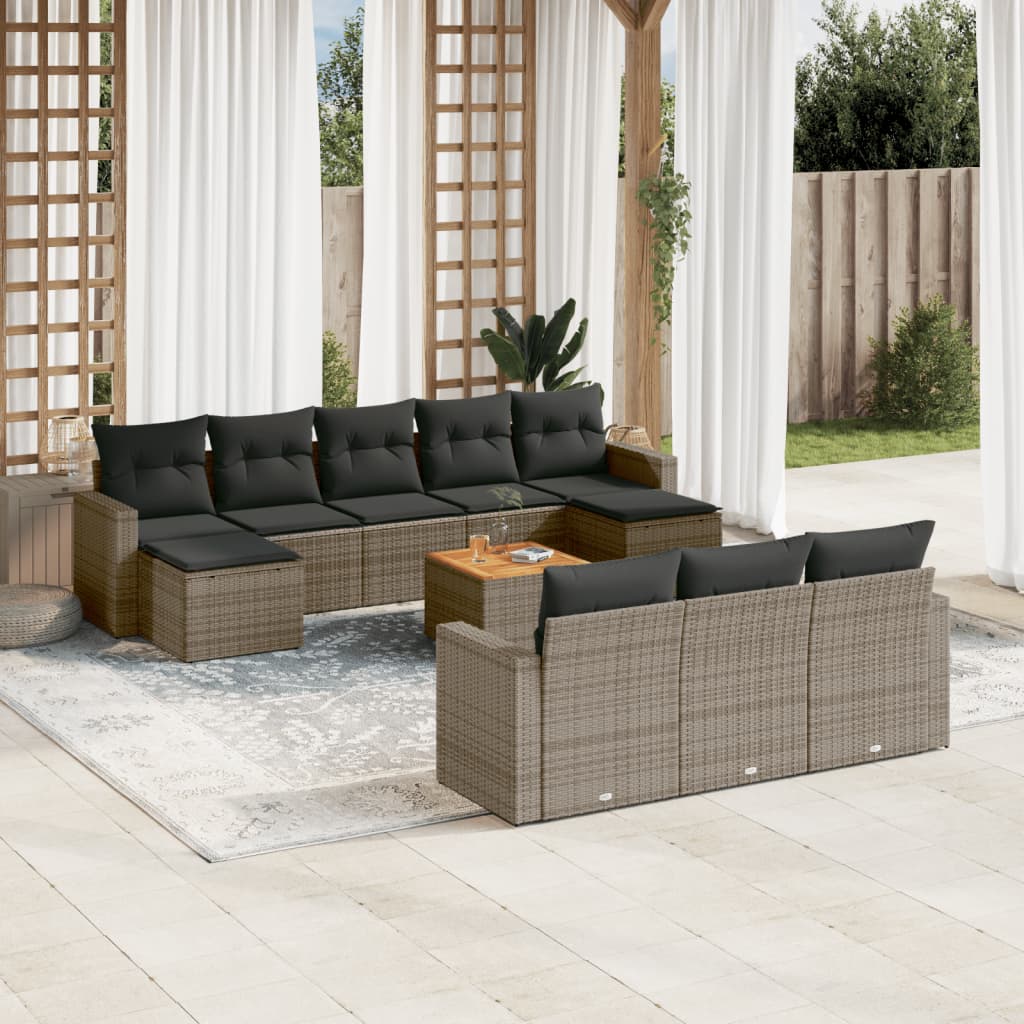 11 Pcs conjunto sofás de jardim c/ almofadões vime PE cinzento