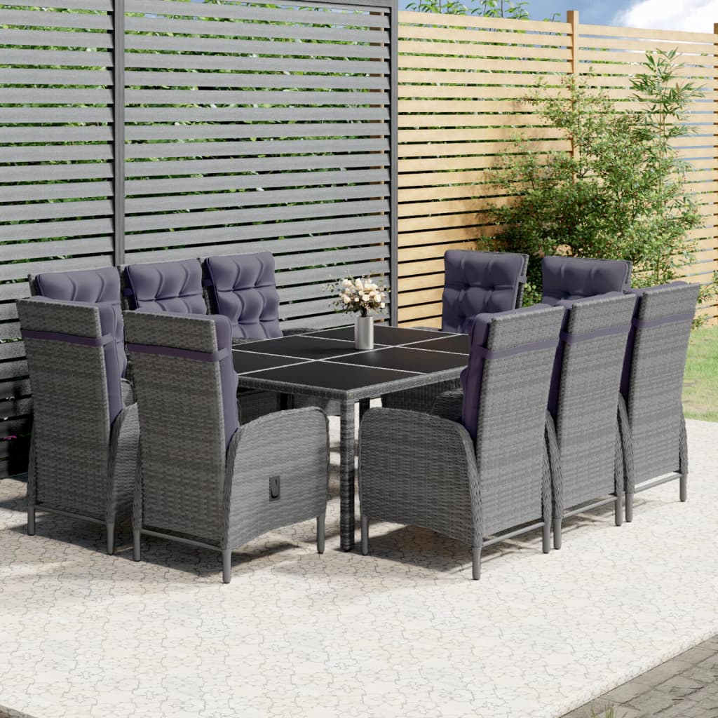 11 Pcs conjunto de jantar para jardim vime PE cinzento
