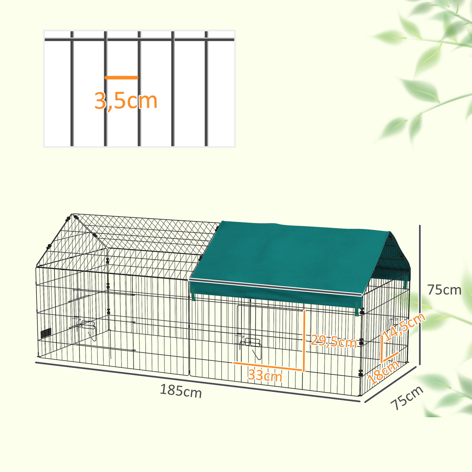 Gaiola para animais pequenos gaiola para roedores de aço com porta e toldo para coelhos chinchilas galinhas 185x75x75 cm verde