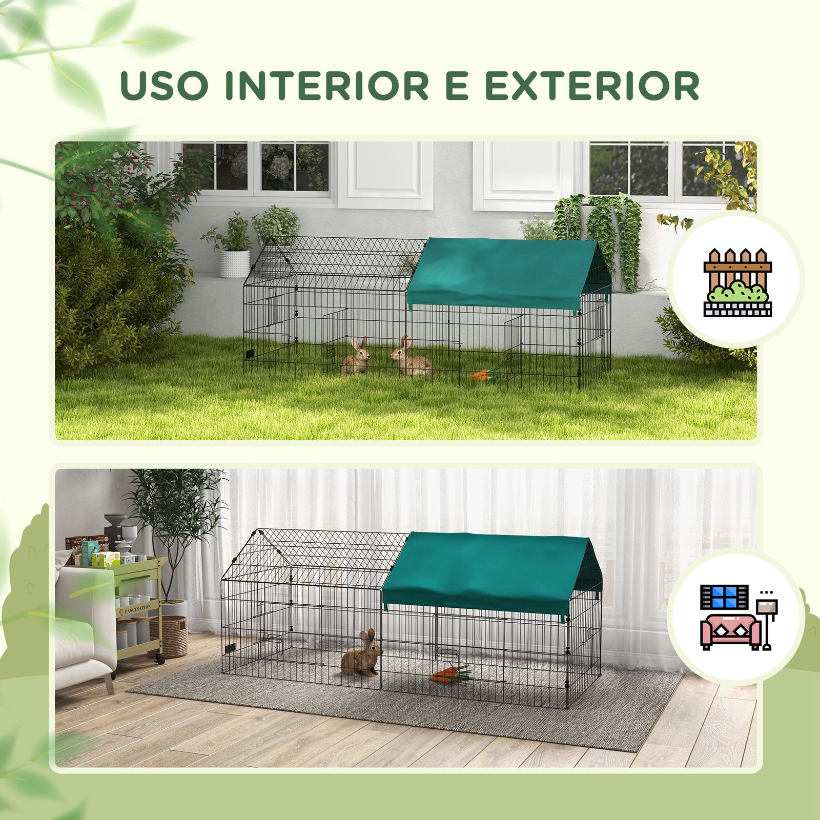 Gaiola para animais pequenos gaiola para roedores de aço com porta e toldo para coelhos chinchilas galinhas 185x75x75 cm verde