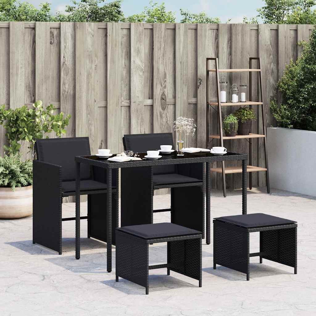 5 Pcs conjunto de jantar p/ jardim c/ almofadões vime PE preto