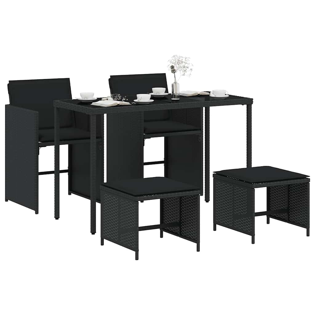 5 Pcs conjunto de jantar p/ jardim c/ almofadões vime PE preto