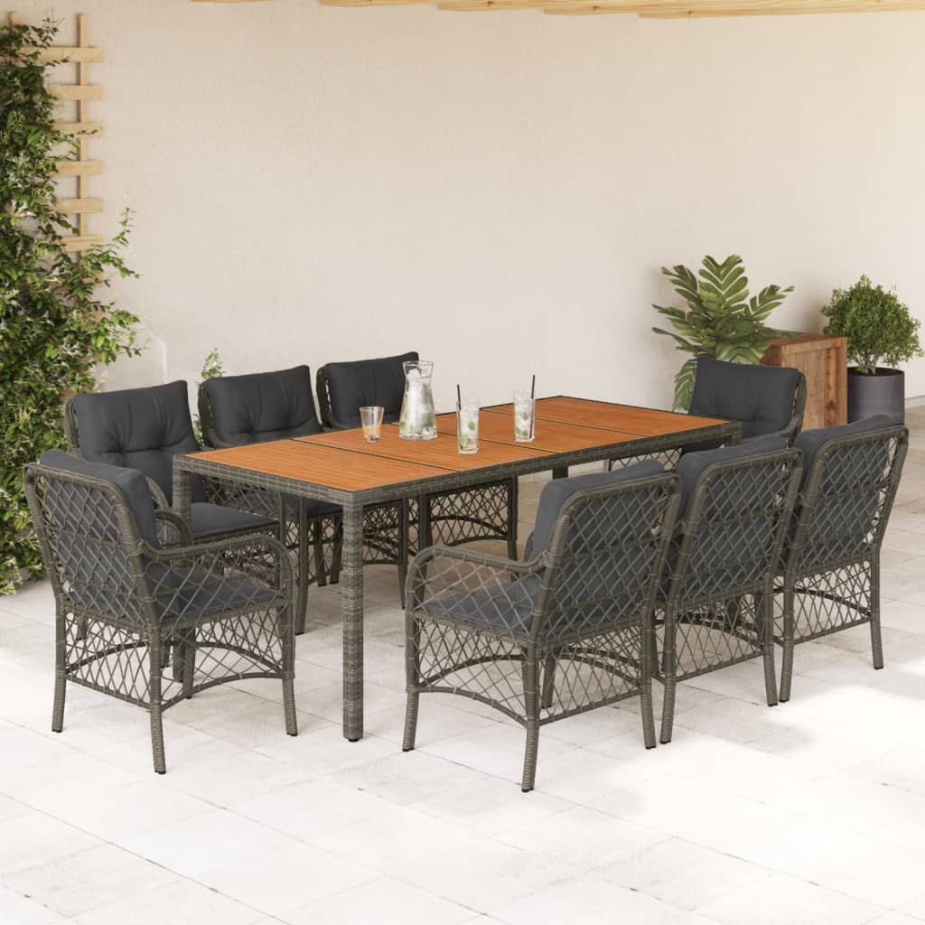 9 Pcs conjunto de jantar p/ jardim c/ almofadões vime PE cinza