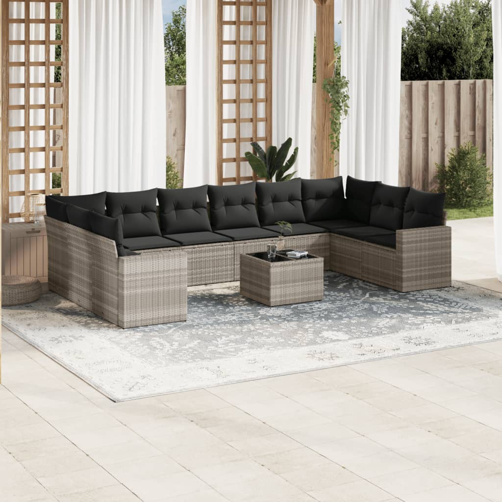 11 Pcs conjunto sofás de jardim c/ almofadões vime PE cinzento