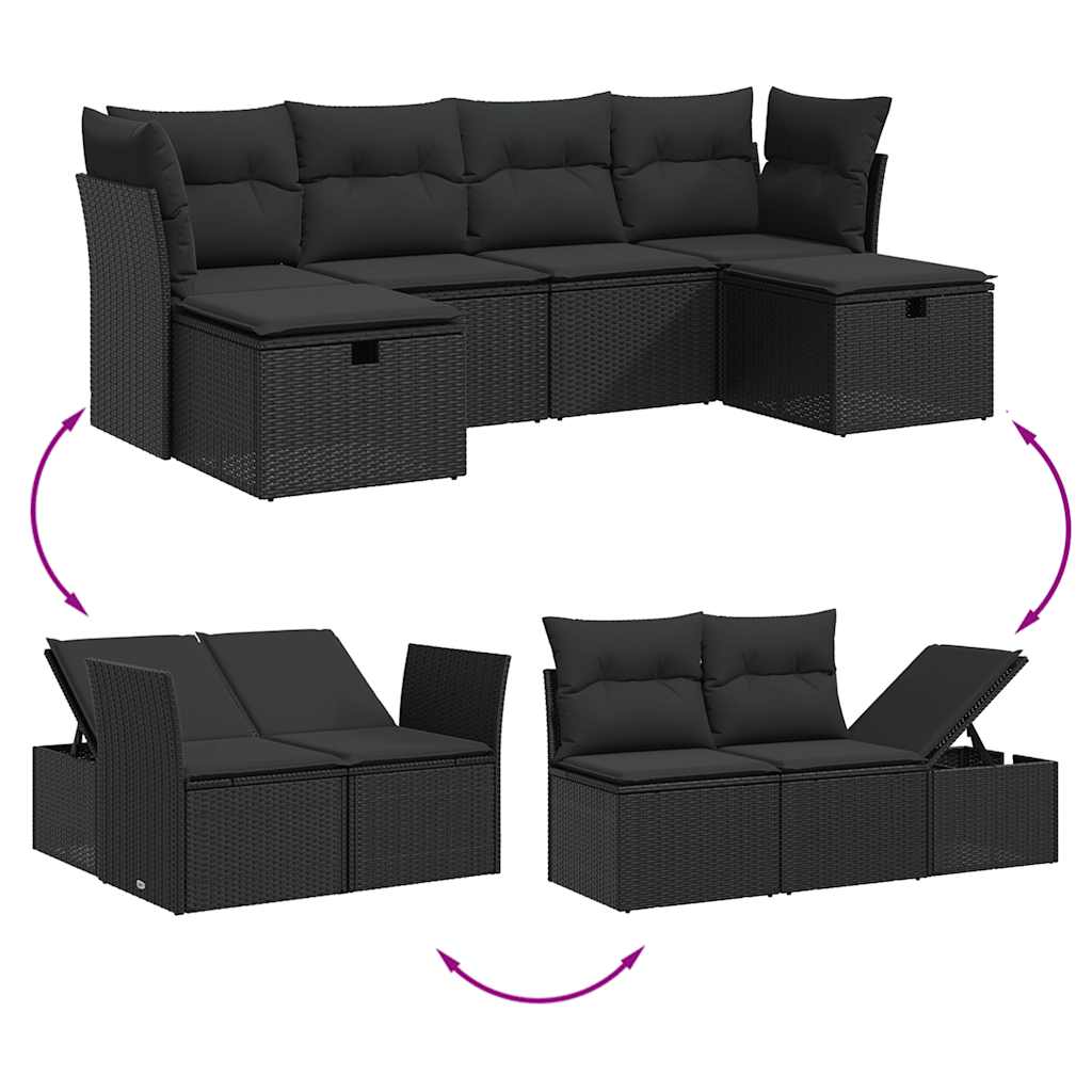 6 Pcs conjunto sofás de jardim c/ almofadões vime PE preto