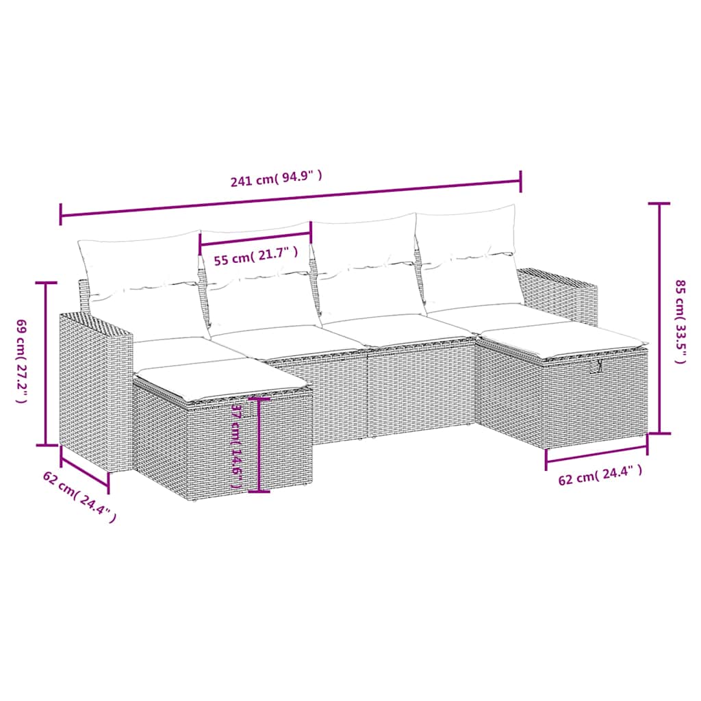 6 Pcs conjunto sofás de jardim c/ almofadões vime PE preto