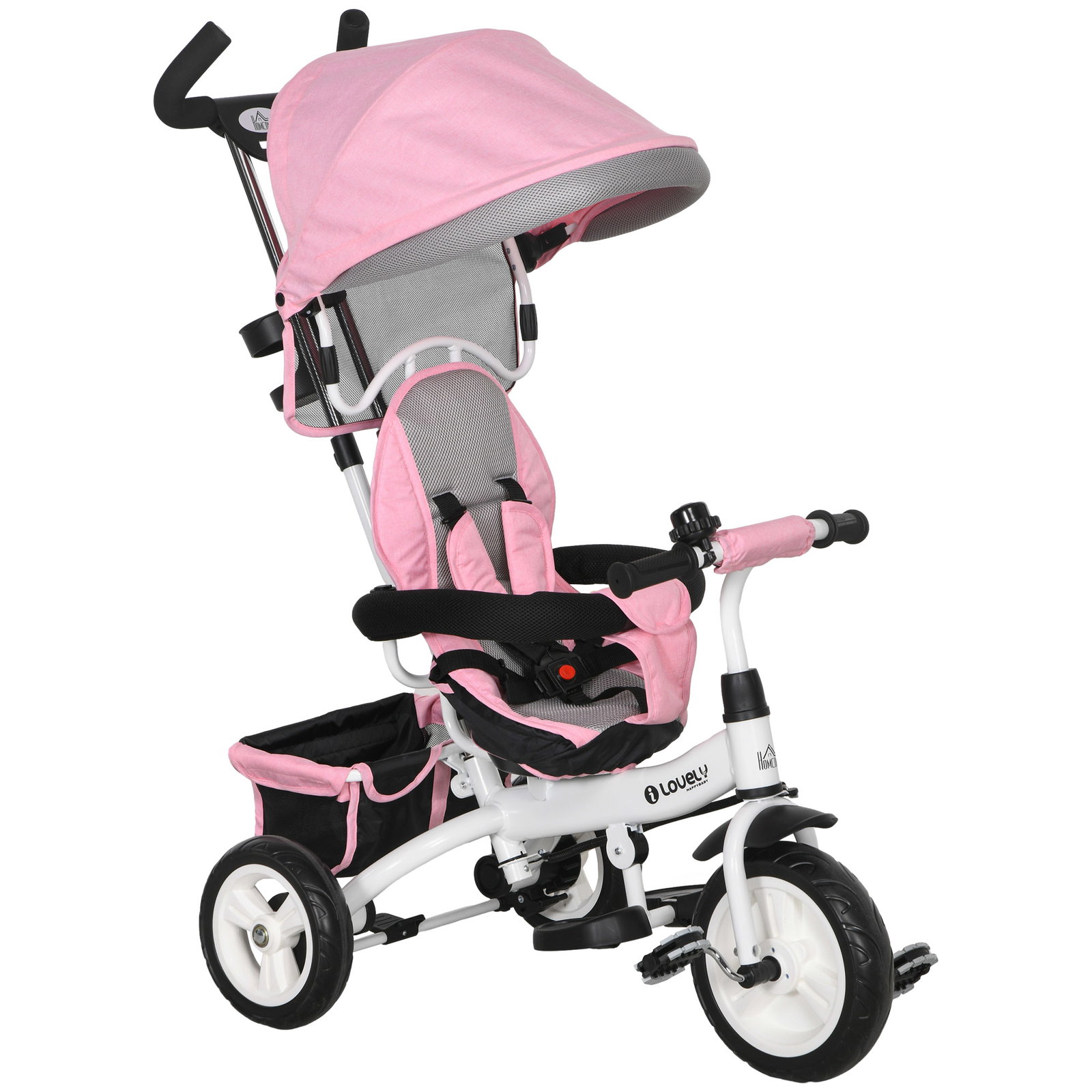 Triciclo evolutivo para bebés de +12 meses 2 em 1 com toldo dobrável guiador cinto de segurança e cesto 95x50x106 cm rosa