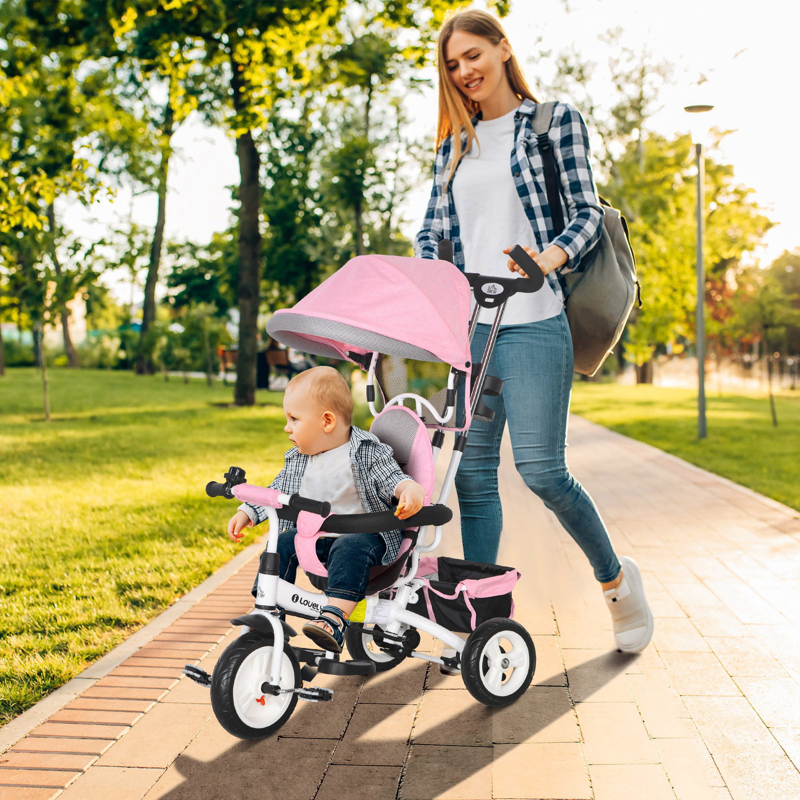 Triciclo evolutivo para bebés de +12 meses 2 em 1 com toldo dobrável guiador cinto de segurança e cesto 95x50x106 cm rosa