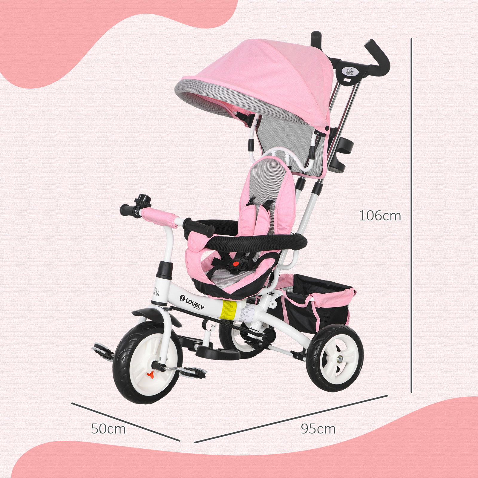 Triciclo evolutivo para bebés de +12 meses 2 em 1 com toldo dobrável guiador cinto de segurança e cesto 95x50x106 cm rosa