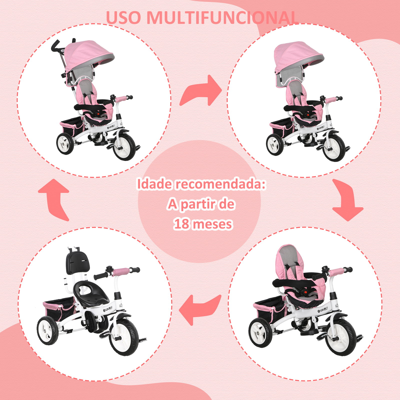 Triciclo evolutivo para bebés de +12 meses 2 em 1 com toldo dobrável guiador cinto de segurança e cesto 95x50x106 cm rosa