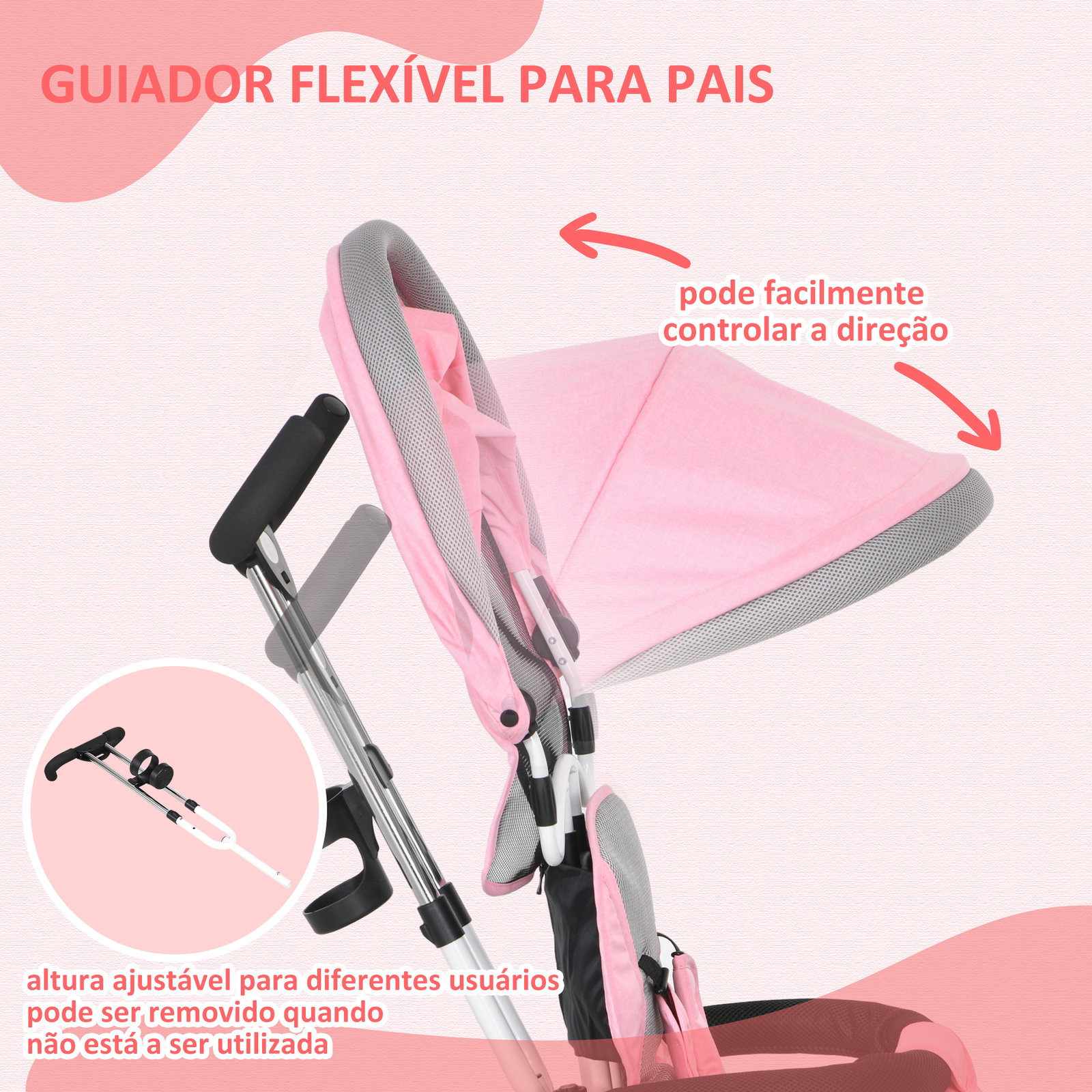 Triciclo evolutivo para bebés de +12 meses 2 em 1 com toldo dobrável guiador cinto de segurança e cesto 95x50x106 cm rosa