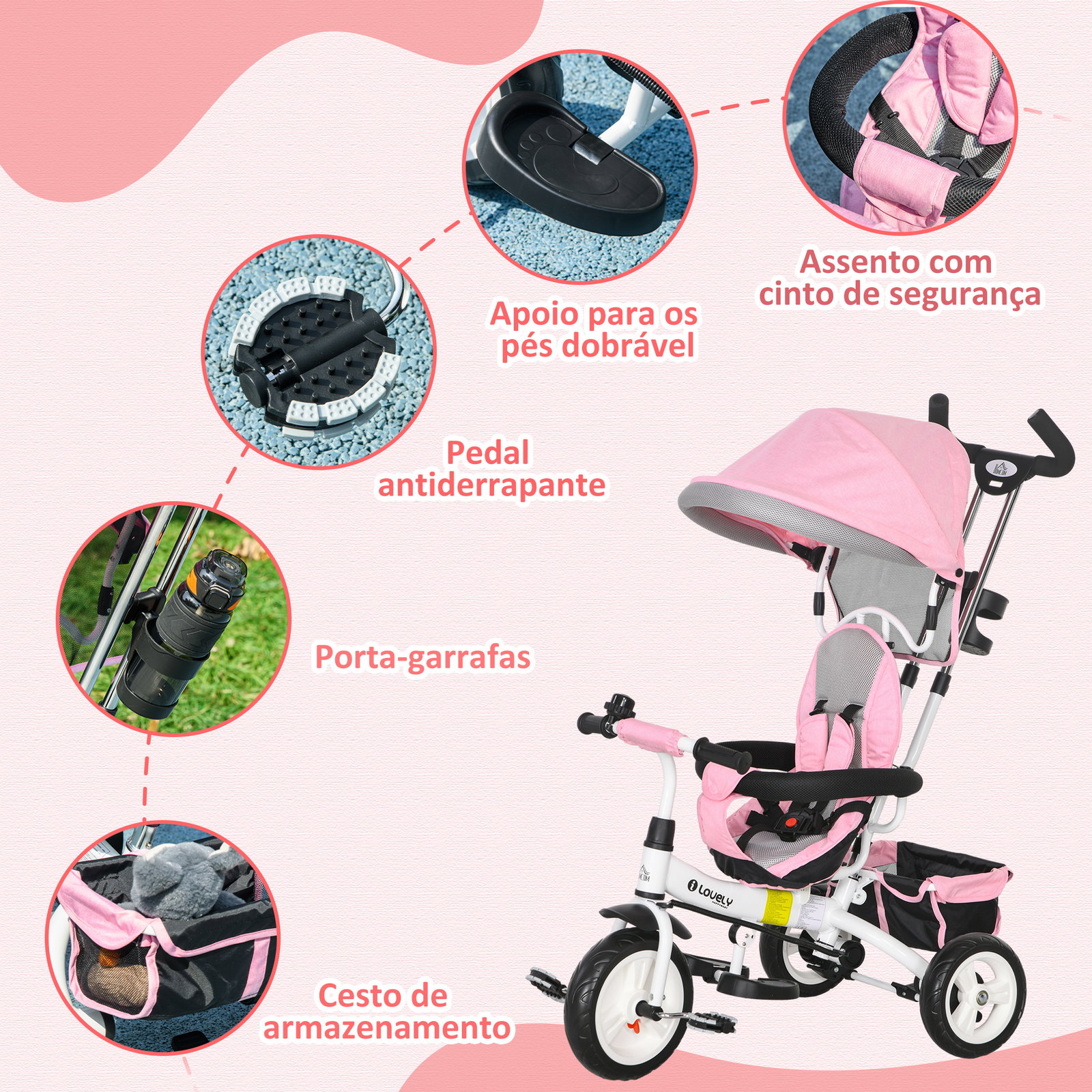 Triciclo evolutivo para bebés de +12 meses 2 em 1 com toldo dobrável guiador cinto de segurança e cesto 95x50x106 cm rosa