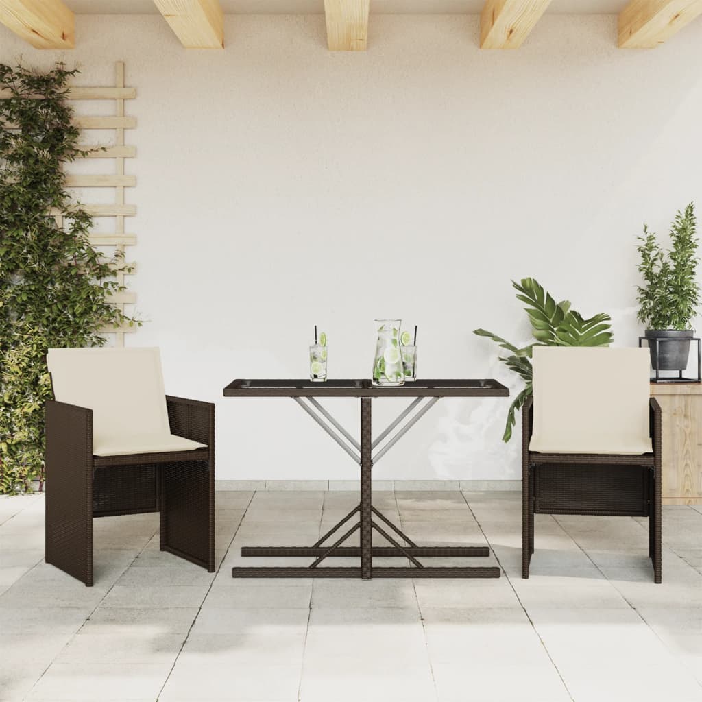 3 Pcs conjunto bistrô com almofadões vime PE castanho