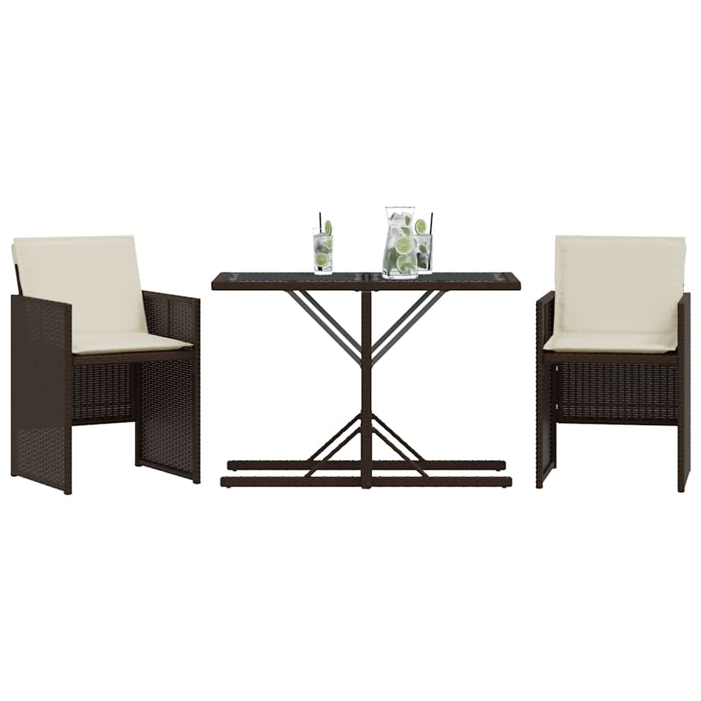3 Pcs conjunto bistrô com almofadões vime PE castanho