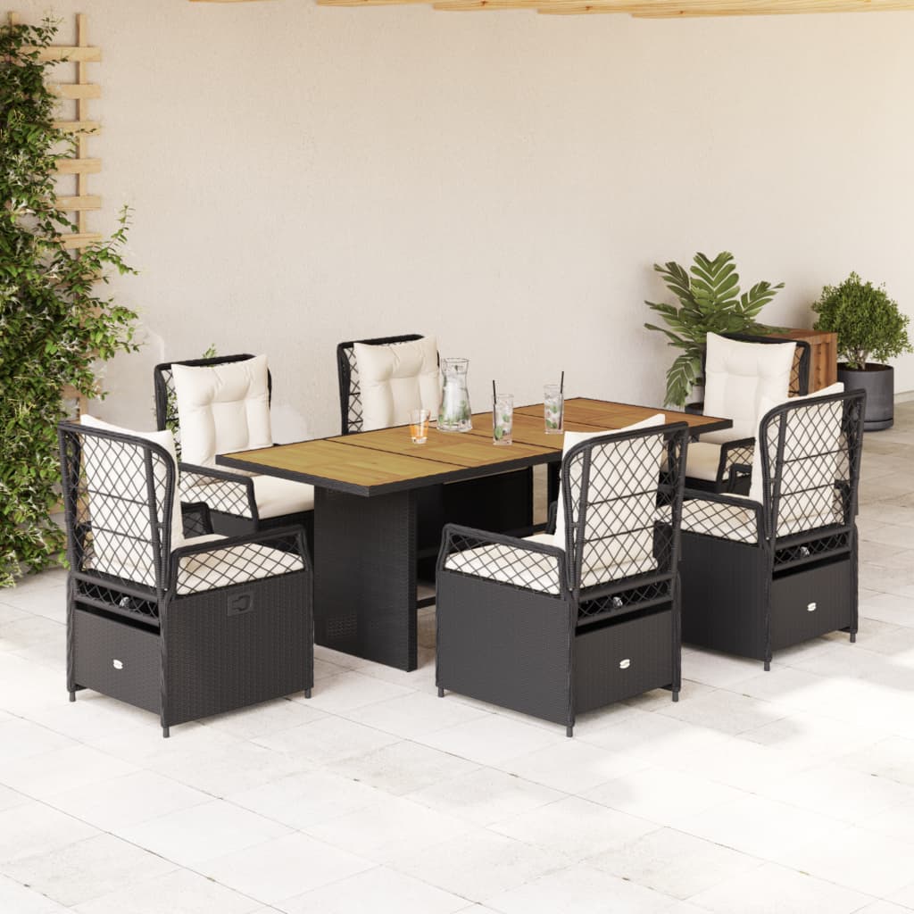 7 Pcs conjunto de jantar p/ jardim c/ almofadões vime PE preto