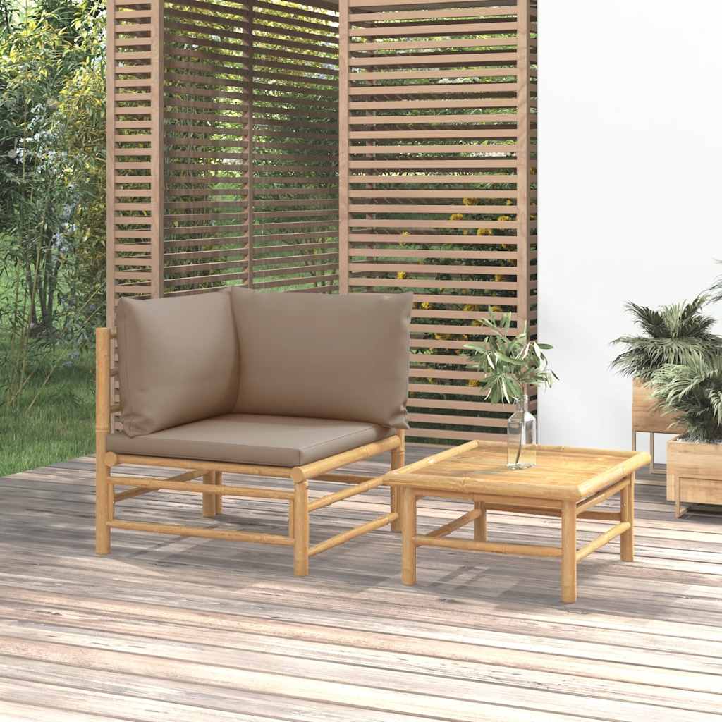 2 Pcs conj. lounge jardim bambu almofadões cinzento-acastanhado