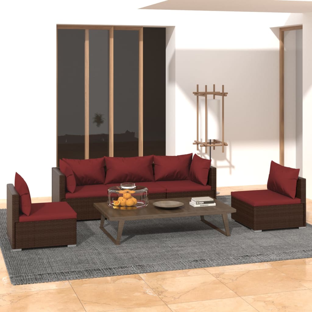 5 Pcs conjunto lounge jardim c/ almofadões vime PE castanho