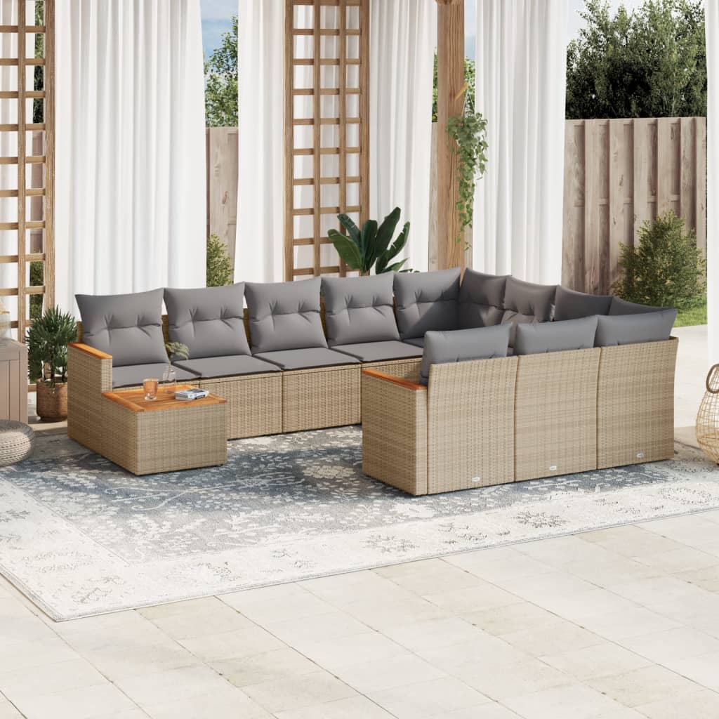 11 Pcs conjunto sofás de jardim c/ almofadões vime PE bege