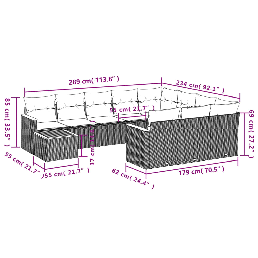 11 Pcs conjunto sofás de jardim c/ almofadões vime PE bege