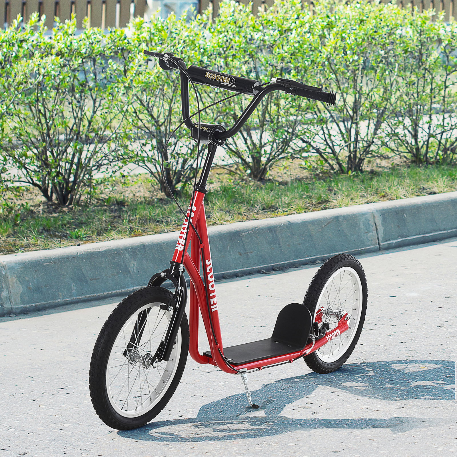 Trotinete com guiador ajustável 2 pneus de borracha insufláveis com travagem dupla e rodas 16" 139x58x90-96 cm vermelho