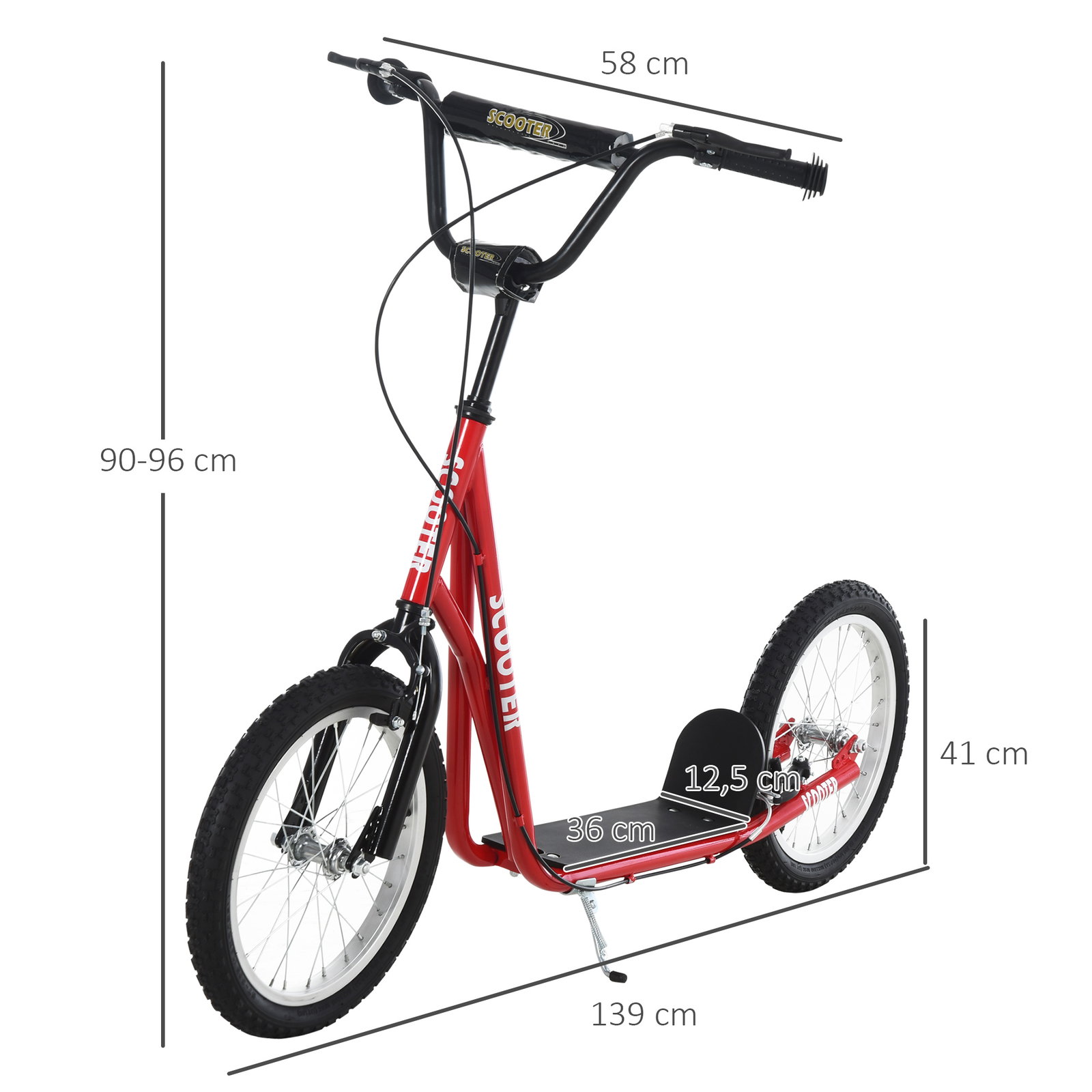 Trotinete com guiador ajustável 2 pneus de borracha insufláveis com travagem dupla e rodas 16" 139x58x90-96 cm vermelho