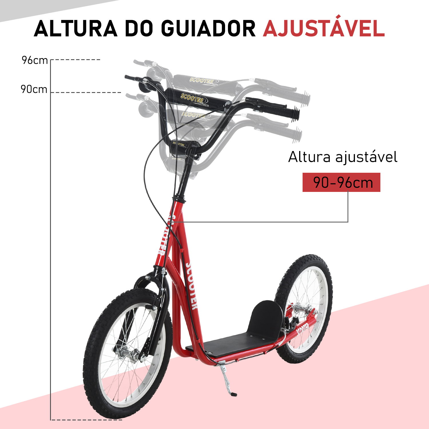 Trotinete com guiador ajustável 2 pneus de borracha insufláveis com travagem dupla e rodas 16" 139x58x90-96 cm vermelho