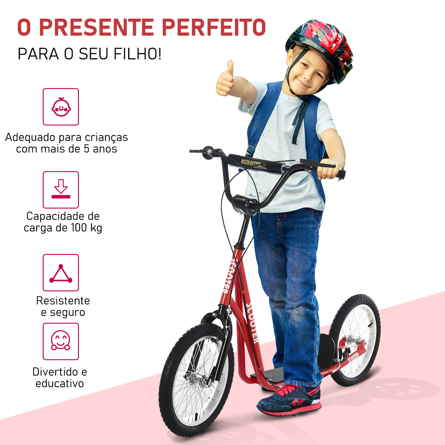 Trotinete com guiador ajustável 2 pneus de borracha insufláveis com travagem dupla e rodas 16" 139x58x90-96 cm vermelho