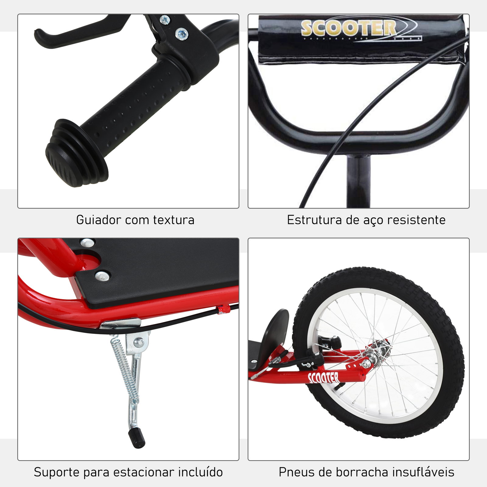 Trotinete com guiador ajustável 2 pneus de borracha insufláveis com travagem dupla e rodas 16" 139x58x90-96 cm vermelho