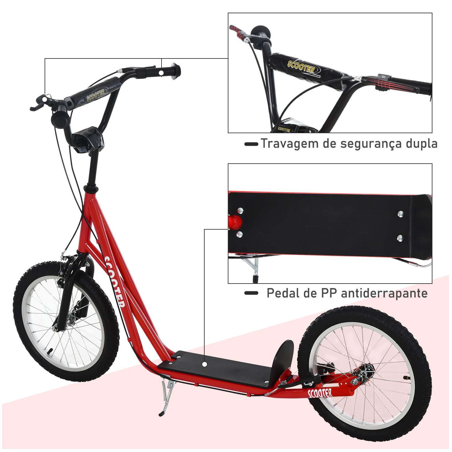 Trotinete com guiador ajustável 2 pneus de borracha insufláveis com travagem dupla e rodas 16" 139x58x90-96 cm vermelho