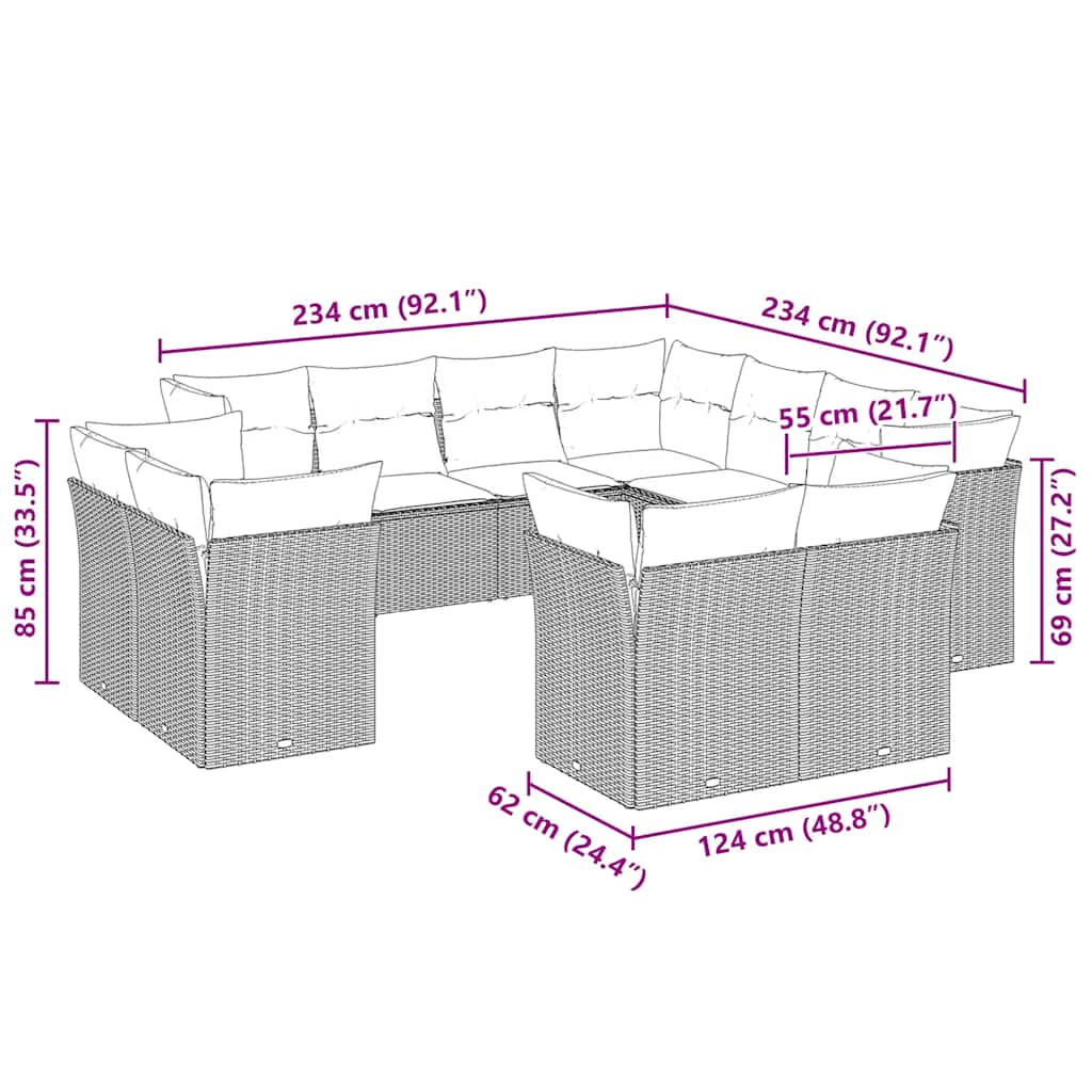 11 Pcs conjunto sofás de jardim c/ almofadões vime PE cinzento