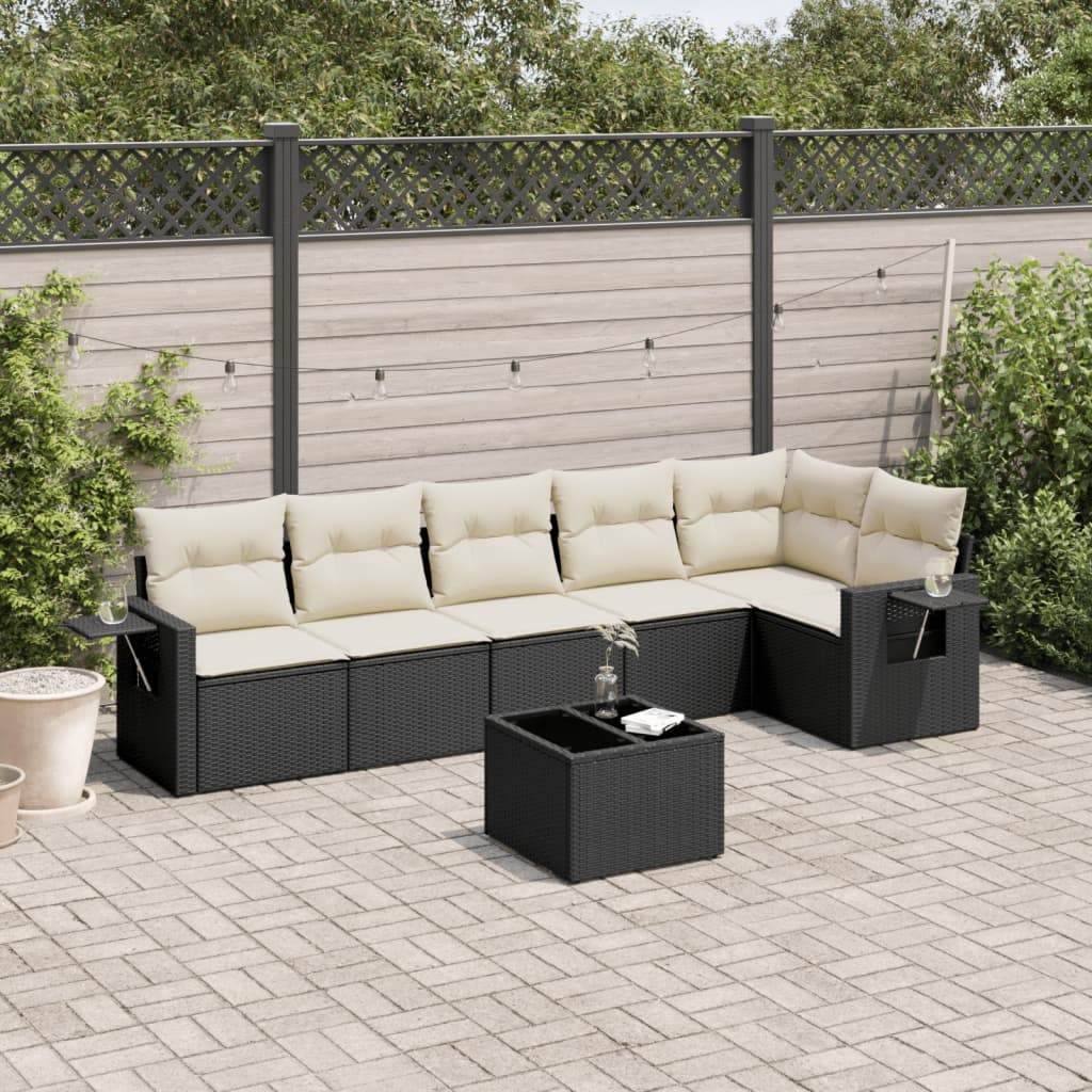 7 Pcs conjunto de sofás p/ jardim c/ almofadões vime PE preto