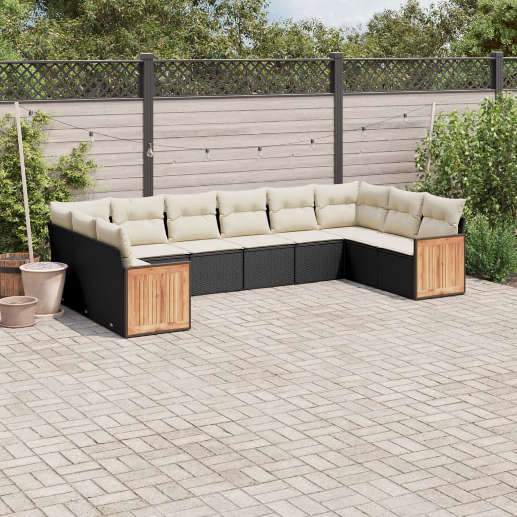 10 Pcs conjunto sofás de jardim c/ almofadões vime PE preto