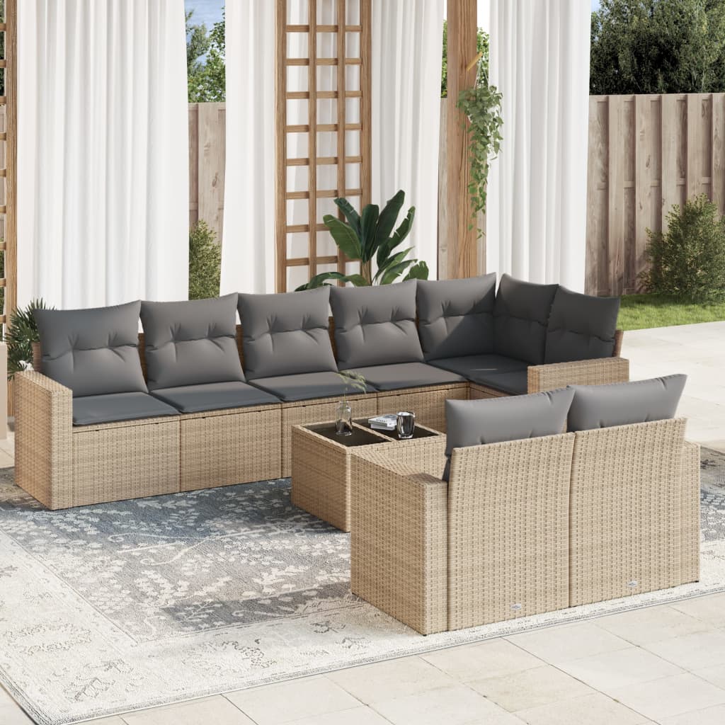 9 Pcs conjunto de sofás p/ jardim com almofadões vime PE bege