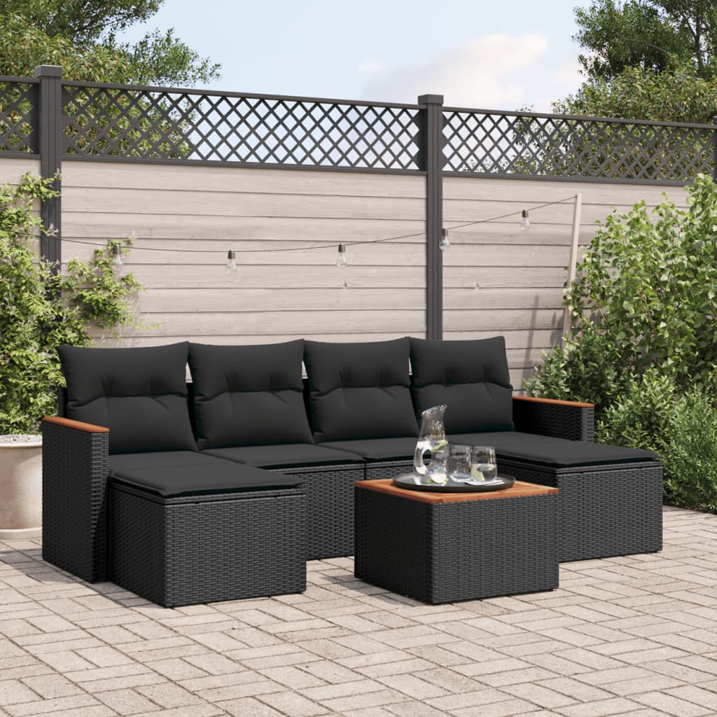 7 Pcs conjunto de sofás p/ jardim c/ almofadões vime PE preto