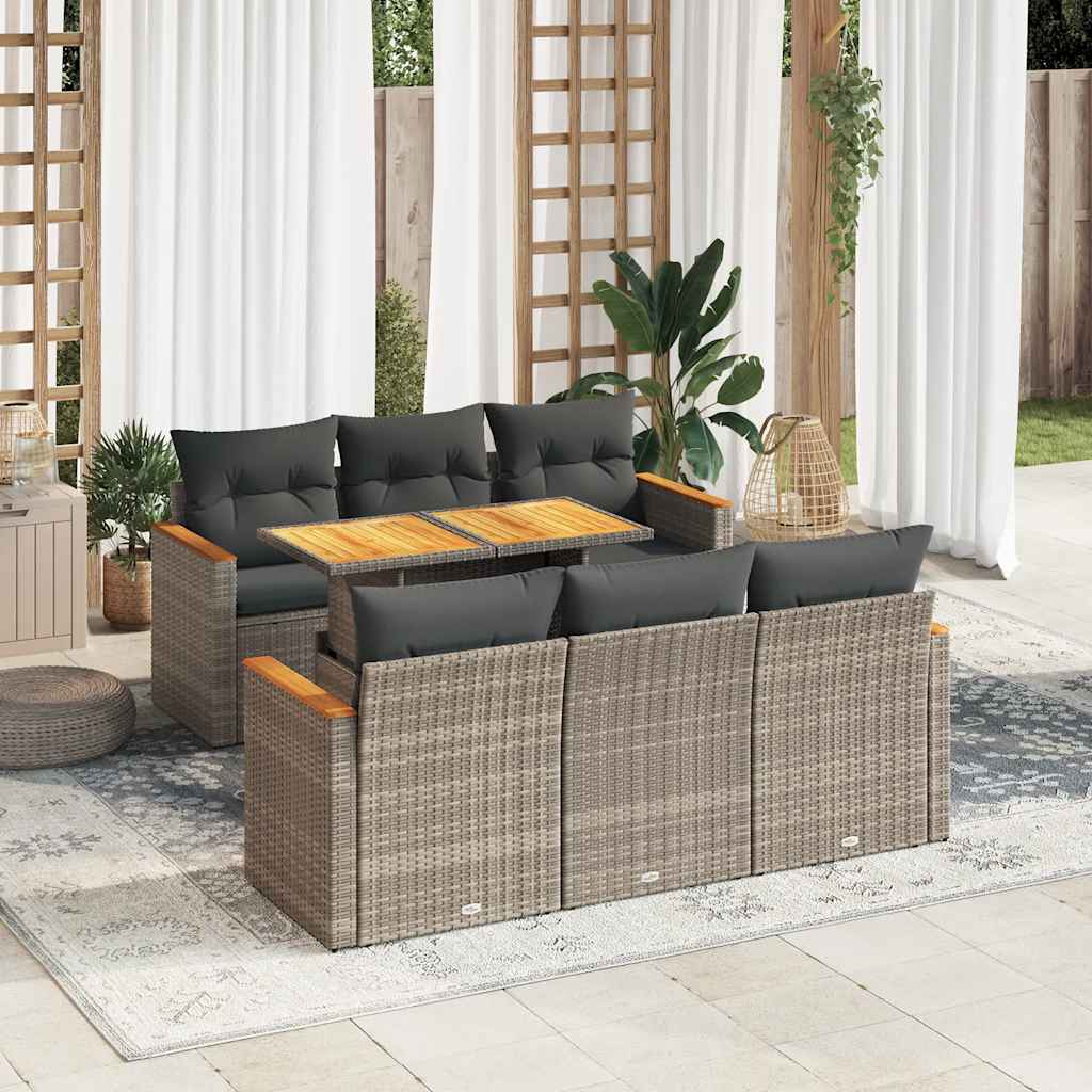 7 Pcs conjunto sofás jardim almofadões vime PE/acácia cinzento