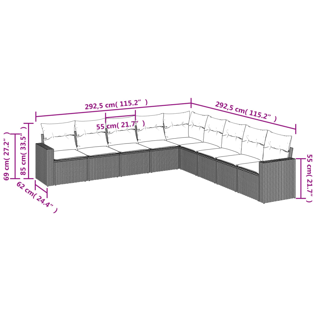 9 Pcs conjunto sofás p/ jardim c/ almofadões vime PE castanho