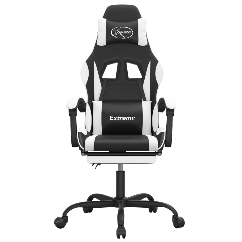 Cadeira gaming giratória c/ apoio pés couro artif. preto/branco